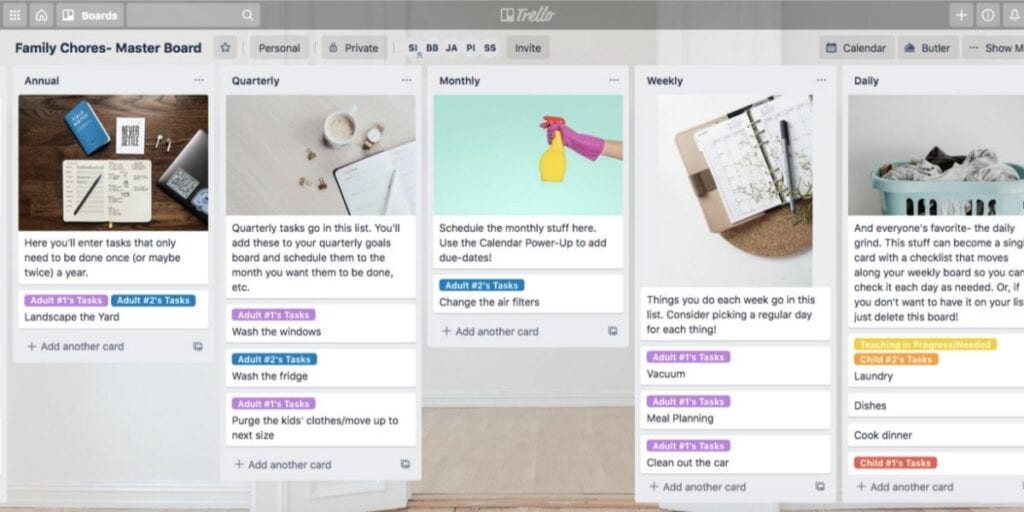 organization of family tasks on trello board