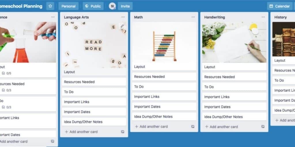 using Trello for homeschool with subject lists