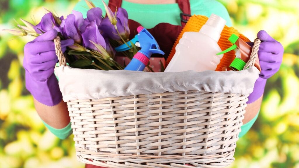 basket of cleaning supplies for the 30 day cleaning challenge