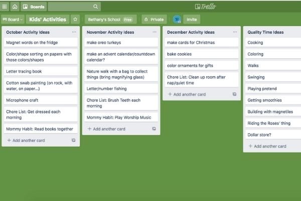activity list on trello for moms who are organizing your life with trello