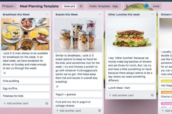 Meal planning template in Trello for household management