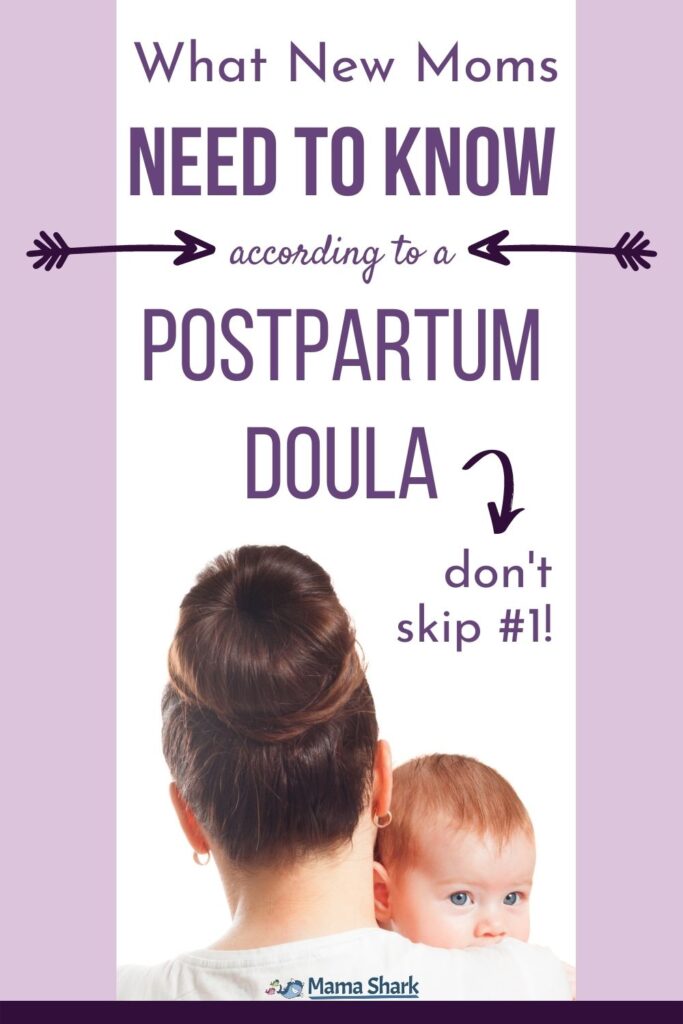 pin for postpartum tips for new moms with new mom holding new baby 